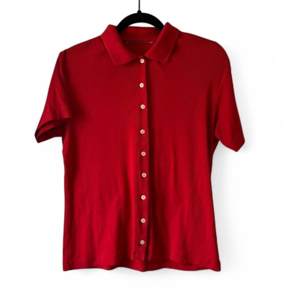 Vintage Mens Red Ribbed Button Up Shirt Cotton Short Sleeve Top Large
